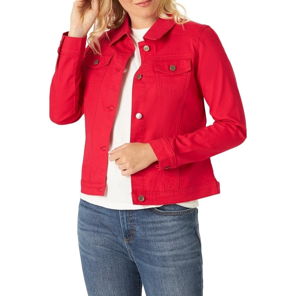 NWT LEE RARE CHERRY RED Women's Jean Jacket Sz L Button Pockets Collared #1513